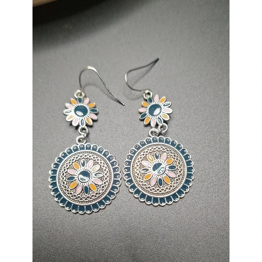 Silver-Tone Blue Floral Drop Earrings with Pink & Orange Accents